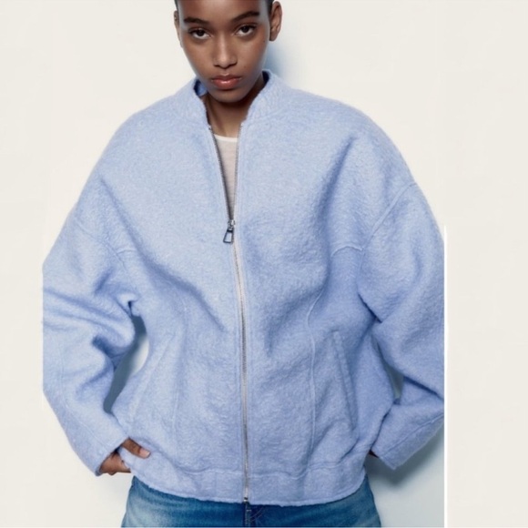 Zara Women’s Oversized Boucle Bomber Fleece Sky Blue Jacket. Full Zip. Size M-L - Picture 1 of 9